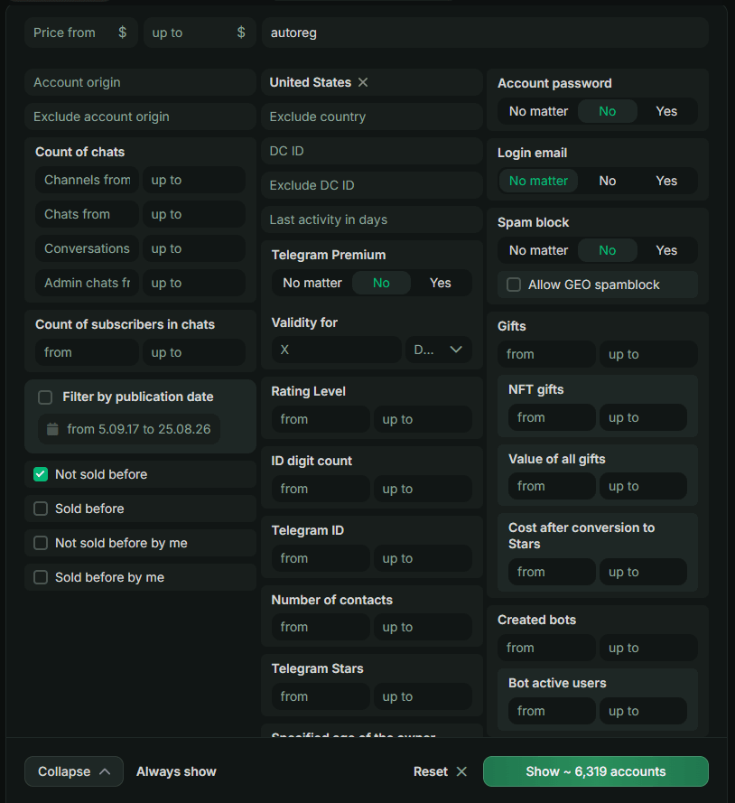 Telegram account marketplace filters for TData, GEO and rest time