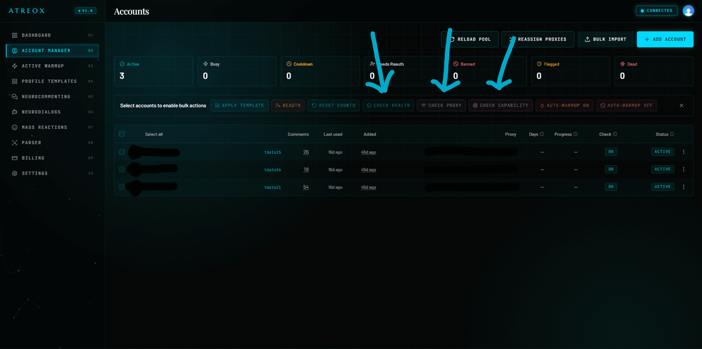 ATREOX Account Manager running health and capability checks on imported Telegram accounts