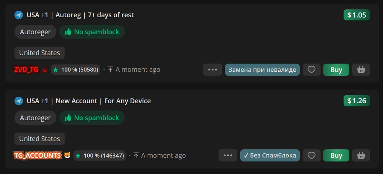 Telegram account marketplace listings showing autoreg tags, no-spamblock badges and country of origin