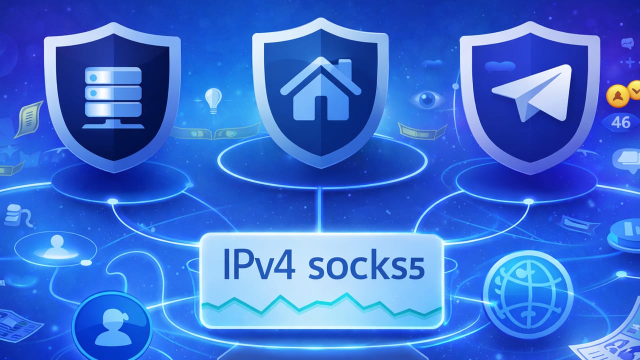 Three shields representing datacenter, residential and mobile proxies, over an IPv4 SOCKS5 network illustration
