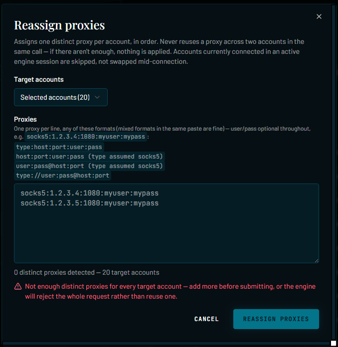 ATREOX Reassign Proxies dialog pasting a distinct proxy per account with format detection