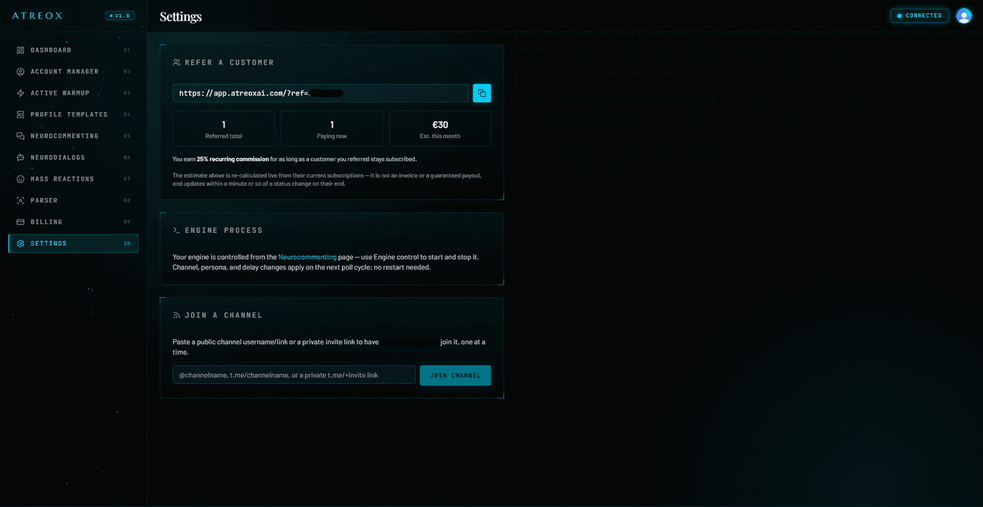 ATREOX Settings page showing the referral link, referral stats, and commission rate